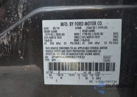 2019 Ford Edge Sel from USA, damaged, VIN 2FMPK4J98KBC71673